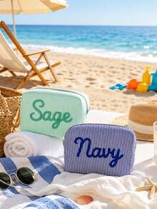 Bolsa de maquillaje de tela arrugada personalizada, bolsa de aseo con nombre de chenilla personalizada, bolsa de almacenamiento de viaje para vacaciones de verano en la playa, regalo de viaje para niñas - Multicolor - Ver 8