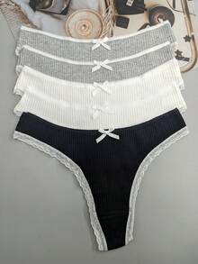 5件組女款多色螺紋蕾絲飾邊可愛蝴蝶結性感G弦內褲 - 彩色 - 查看 2