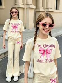 2件組：女童休閒蝴蝶結圖案圓領短袖上衣與喇叭褲套裝，適合夏季穿著，返校季秋季服飾 - 杏色 - 查看 3