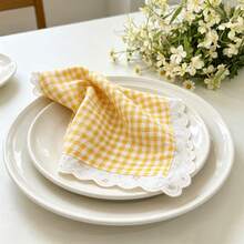 1/4pcs Korean Ins Style Yellow Plaid Classic Art Small Yellow Flower Lace Table Mat Napkin, Suitable For Wedding, Valentine's Day, Home Use And More - Multicolor - View 6