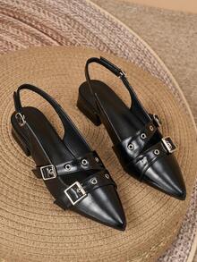 Women's Flat Pointed Toe Studded Chunky Low Heel Closed Toe Slippers College Style Mule Shoes - Black - View 2