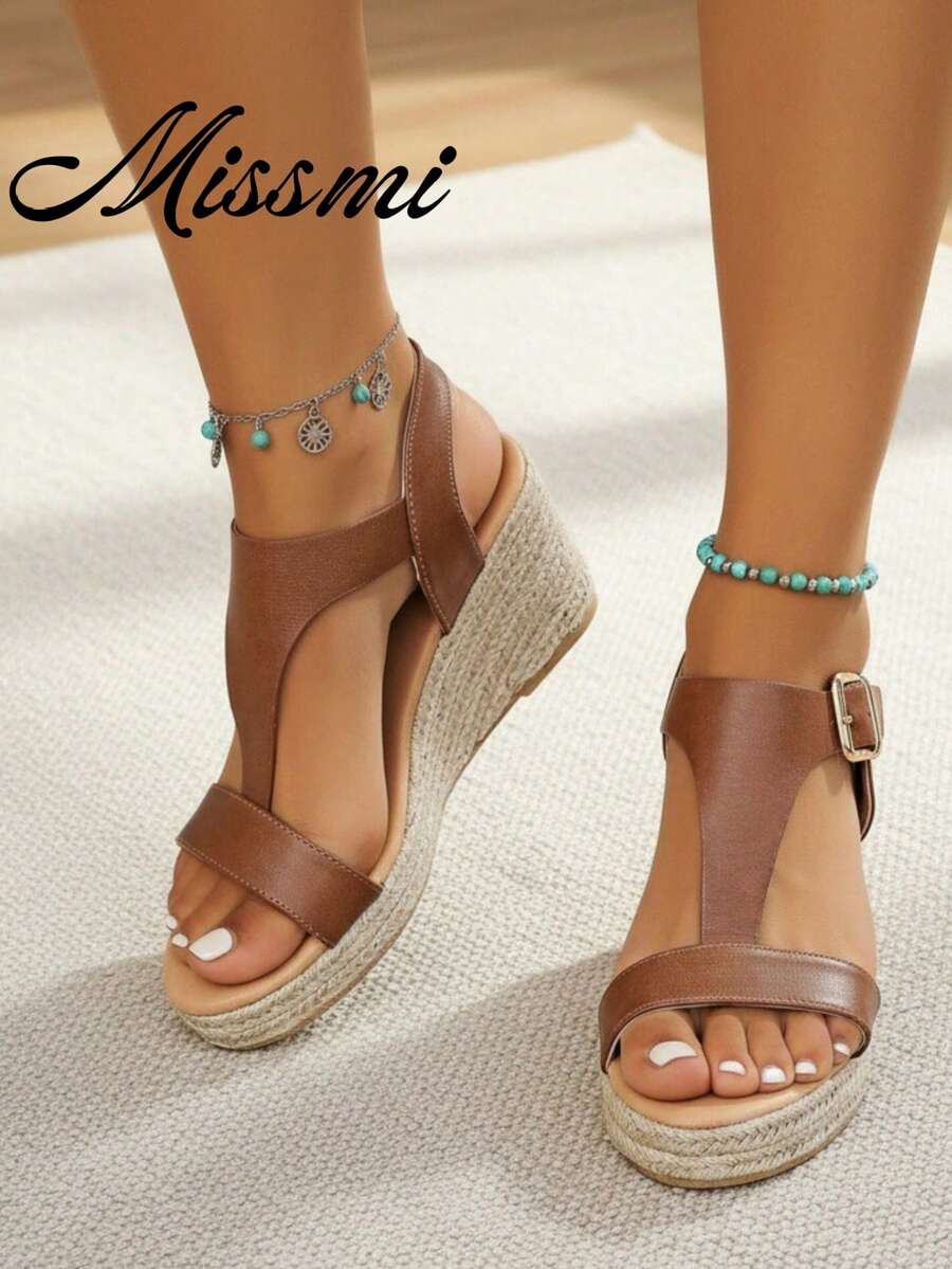 Sandalias de plataforma de cuña de tacón alto con punta abierta, cómodas y tejidas de paja, estilo retro para mujer. Atuendos de primavera y verano