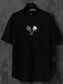 T-shirts pour hommes, ajustés, col rond, manches courtes, imprimé graphique floral décontracté en polyester pour l'été - Noir - Voir 1
