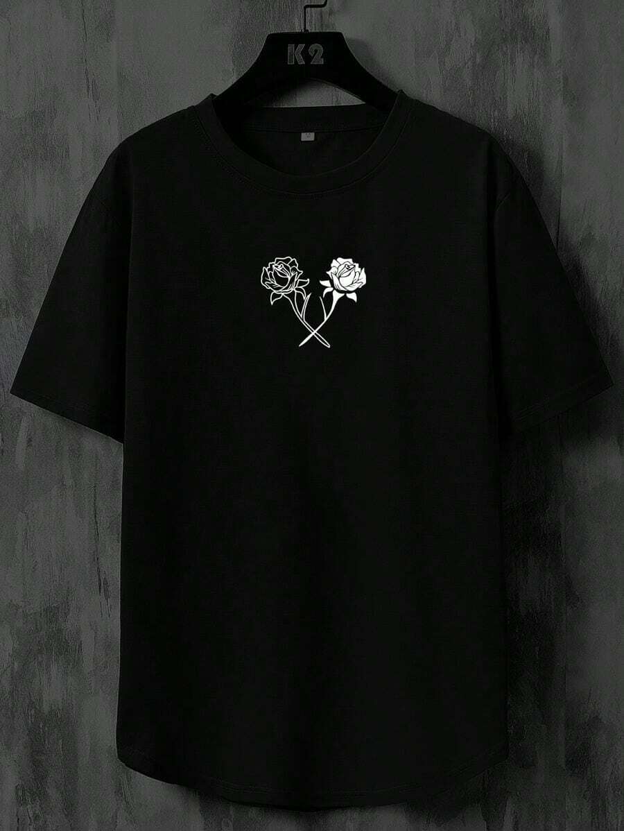 T-shirts pour hommes, ajustés, col rond, manches courtes, imprimé graphique floral décontracté en polyester pour l'été - Noir - Voir 1