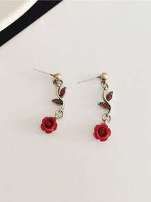 1 Pair Red Rose Flower Leaf Stud Earrings Suitable For Women's Daily Wear - Red - View 3