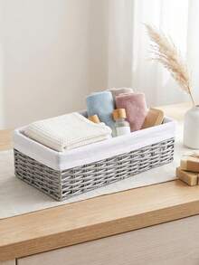 1pc Rectangular PP Woven Storage Basket With Lining, Multi-Purpose Organizer Bin For Bathroom, Vanity, Closet, Kitchen, Bedroom, Ideal For Cosmetics, Toiletries, Sundries, Toys, Clothes, Modern Minimalist Home Decor - View 1