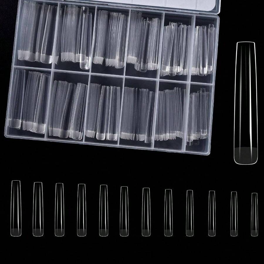 Puntas de uas cuadradas largas, 180 piezas de puntas de uas de gel suave de cobertura total 5XL Uas postizas acrlicas transparentes Extensin de uas postizas a presin para saln Hogar DI - inicial - Ver 1