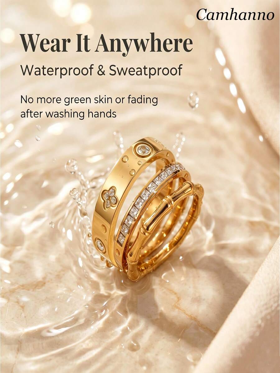 Camhanno 3pcs Stainless Steel Plated With 18K Gold, Waterproof And Sweat-Resistant, Non-Fading, Bamboo Knot + Rhinestone + Four-Leaf Clover 3-Piece Set, Can Be Worn Individually Or Stacked, Exquisite Jewelry Suitable For Daily Commute And Dates. - Gold - View 1
