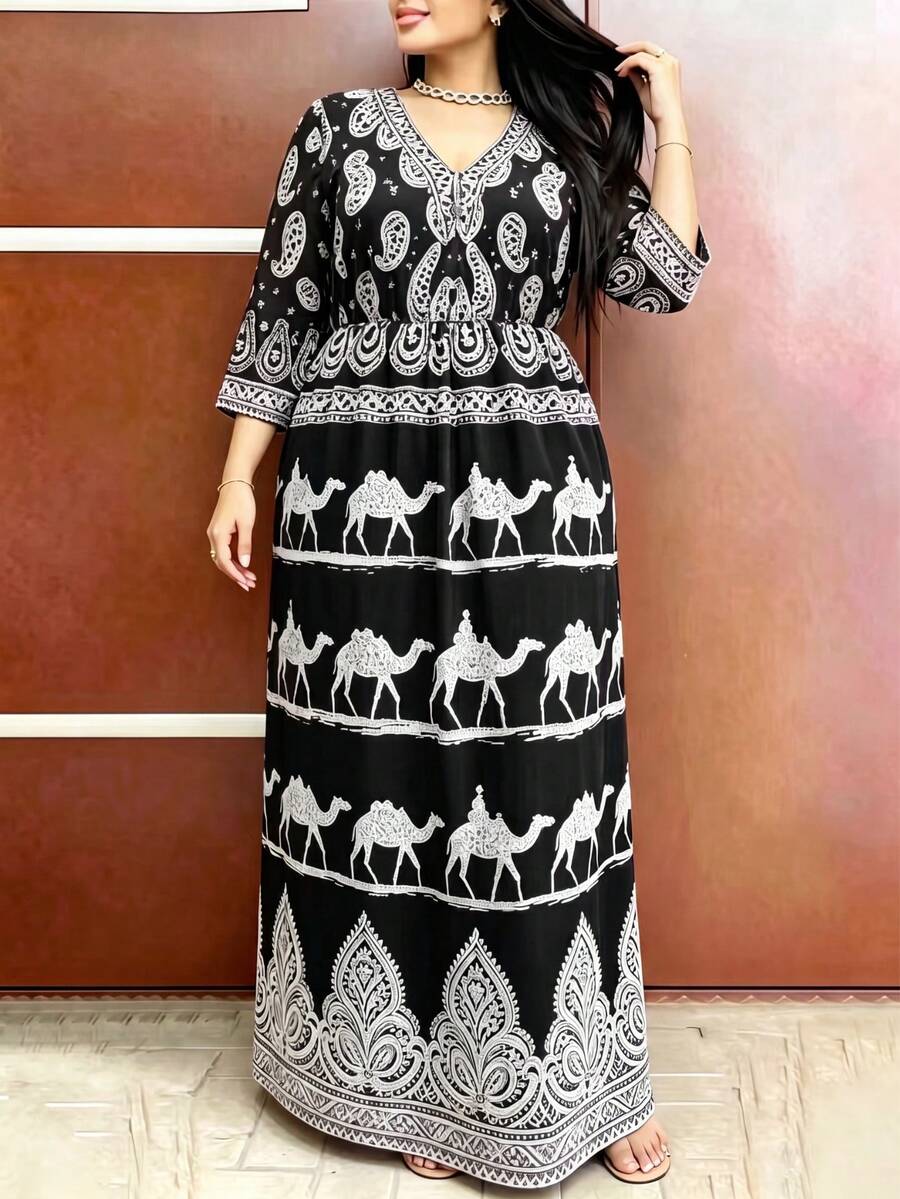 Vestido holgado con cuello en V, bloques de color e estampado, nuevo para primavera/otoño - Negro - Ver 1