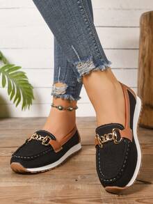 Sepatu Loafer Kanvas Wanita dengan Gesper, Sepatu Slip-On Berbentuk Rendah yang Nyaman, Serbaguna untuk Segala Pakaian, Mudah Dipakai dan Dilepas - Hitam - View 4