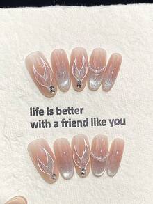 10pcs Handmade Oval Acrylic Medium Pink Press-On Nails, Cat Eye Mermaid Tail Glitter Nail Tips With Rhinestones, DIY Fake Nails, Beach Essential Summer Nails For Party, Vacation, Date Outfit, Gift For Women And Girls, Nail Art Supplies - Pink - View 14
