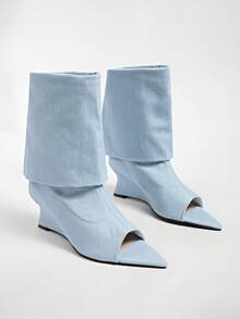 2026 New Kitten Heel Pleated Long Slouch Boots Pointed Toe Over-The-Knee High Shaft Boots Retro Wide Leg Rider Boots - Baby Blue - View 2