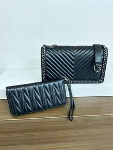 Fashionable V-Shaped Embroidery Thread Shoulder Bag With Chain Decor, Small Square Crossbody Bag For Women - Black - View 9