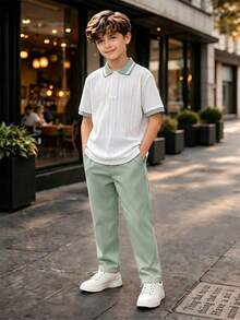 Boys' Spring/Summer Set, Knit Polo Shirt + Casual Long Pants 2 Pieces Set, Suitable For 8-12 Years Old Boys' School / Daily Wear - Multicolor - View 1
