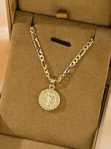 1PC Religious Vintage Style St. Benedict Necklace, Made Of 14k Gold Plated Copper, Paired With 50cm Figaro Chain, Priest Image St. Benedict Pendant, Exquisite Craftsmanship And Outstanding Texture, Suitable For Men And Women, Perfect For Daily Wear, Church Services, And Holiday Gifts. - Yellow Gold - View 2