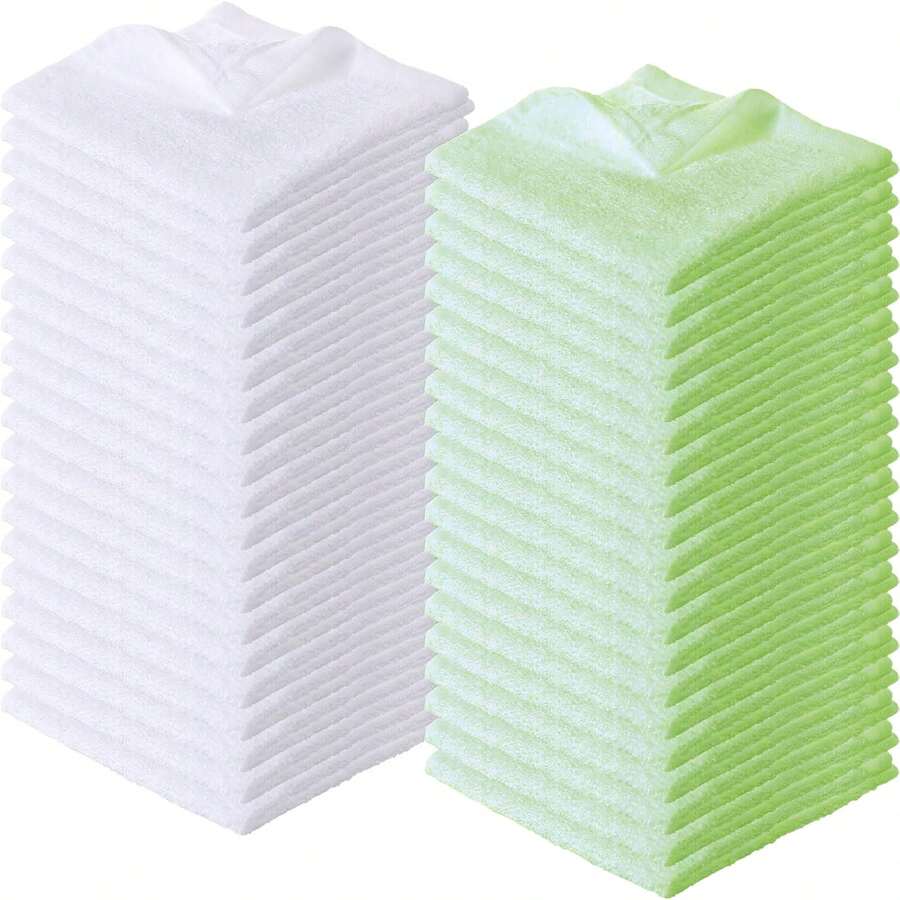 洗澡身體與臉部用洗臉巾 - 10"X10" 10/20/30/40 入洗臉巾 - 成人與兒童浴室用小號毛圈毛巾浴巾 - 柔軟吸水-白色 - 白色+綠色 - 查看 1