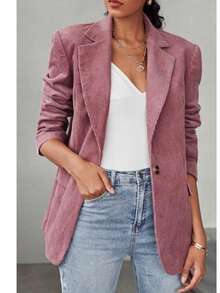 Women's Light Pink Corduroy Blazer, Long Sleeve Work Jacket, Autumn Fashion Regular Fit, With Faux Pockets - Pink - View 7
