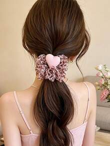1pc/2Pcs Y2K Style Leopard Print Mesh Scrunchie With Heart Shaped Decor, Sweet Girls' Elastic Hair Tie For Daily Ponytail/Bun Hairstyle - Multicolor - View 3