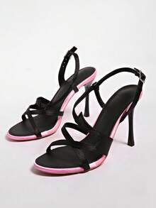 Elegant Rhinestone Embellished Square Toe Satin High Heel Sandals, Sexy Slingback Ankle Strap Dress Shoes For Women,Spring Summer Outfits - Black - View 8