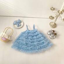 Summer Baby Girl Dress, New Sweet Mesh Spaghetti Strap Dress, Super Cute Cake Skirt - Blue - View 4