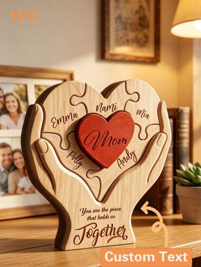 1 Stück personalisiertes Holzpuzzle mit dem Slogan "Du bist das Band, das uns alle verbindet", ein individuelles Geschenk eines Kindes an seine Mutter, ein familienbezogenes Puzzle.