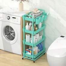 3 Tier Plastic Rolling Storage Cart With Extra Hanging Cups Handles Lockable Wheels For Living Room Bathroom Kitchen Office White - Green - View 3