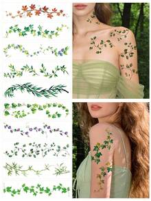 10Pcs Large Green Vine Leaf Skin Decor Decals For Women, Long Lasting Body Ornament For Face Arm Chest Waist Leg Foot, Outdoor Stage Dress Accessory - Multicolor - View 1