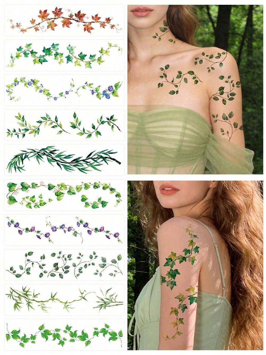 10Pcs Large Green Vine Leaf Skin Decor Decals For Women, Long Lasting Body Ornament For Face Arm Chest Waist Leg Foot, Outdoor Stage Dress Accessory - Multicolor - View 1