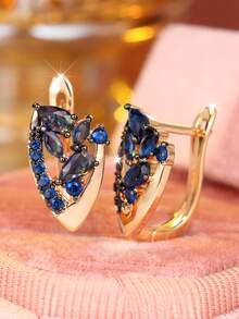 Boucles d'oreilles vintage plaquées or avec strass bleus, boucles d'oreilles créoles en forme de feuille avec coupe en goutte, bijoux hypoallergéniques à clip pour femmes, cadeau d'anniversaire - Bleu azur - Voir 5