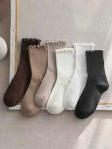 3/6 Pairs Japanese Sweet Minimalist British Academy Style Maillard Color Frill Trimmed Ruffle Lace Mid-Calf Socks - Multicolor - View 10