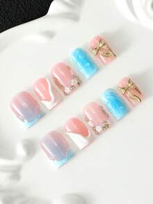 10 Pcs Handmade Multi-Layer Gel Press On Nails, French Short Square Acrylic Fake Nails With 3D Gold Bow, Flower & Rhinestone Decoration, Reusable Removable Hand-Painted Nail Kit, Long-Lasting Not Easy To Fall Off, Y2K Sweet Cool Style - Multicolor - View 1
