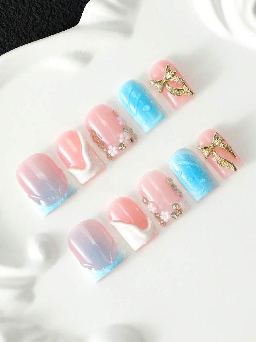 10 Pcs Handmade Multi-Layer Gel Press On Nails, French Short Square Acrylic Fake Nails With 3D Gold Bow, Flower & Rhinestone Decoration, Reusable Removable Hand-Painted Nail Kit, Long-Lasting Not Easy To Fall Off, Y2K Sweet Cool Style - Multicolor - View 1