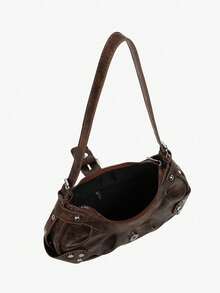 2025 Fashion Hot Y2K Rivet Motorcycle Bag, Vintage European Style Zipper Shoulder Bag, Oil Texture Design, Exquisite Appearance - Coffee - View 8