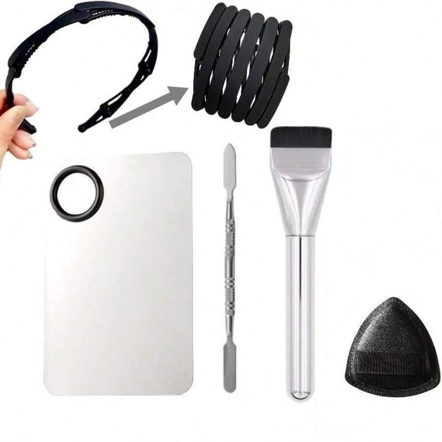 5Pcs Multifunctional Makeup Tools Set - Mixing Palette, Spatula, Foundation Brush, Powder Puff & Foldable Hairband - Silver - View 1