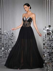 New Sexy Women's Handmade Pearl & Rhinestone Embellished Sheer Mesh Patchwork Off-Shoulder Sleeveless Backless 100-Pleat Maxi Dress - Black - View 7
