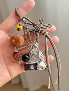 1pc Maillard Style Vintage Camera Plush Ball Keychain Pendant With Bow, Ins Style Phone Charm, Suitable As A Gift For Friends, Family And Classmates - Multicolor - View 6