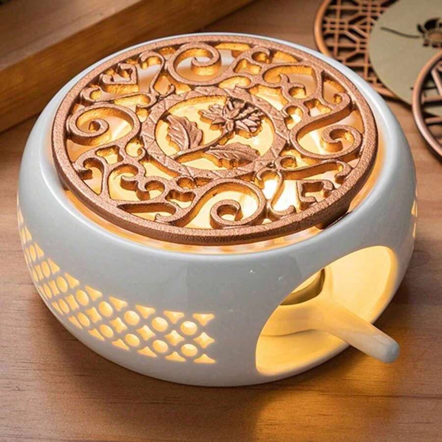 Alas Penghangat Teko Keramik, Alas Isolasi Penghangat Teh, Penghangat Air Kopi Teh, Alas Pemanas Lilin - Putih - View 1