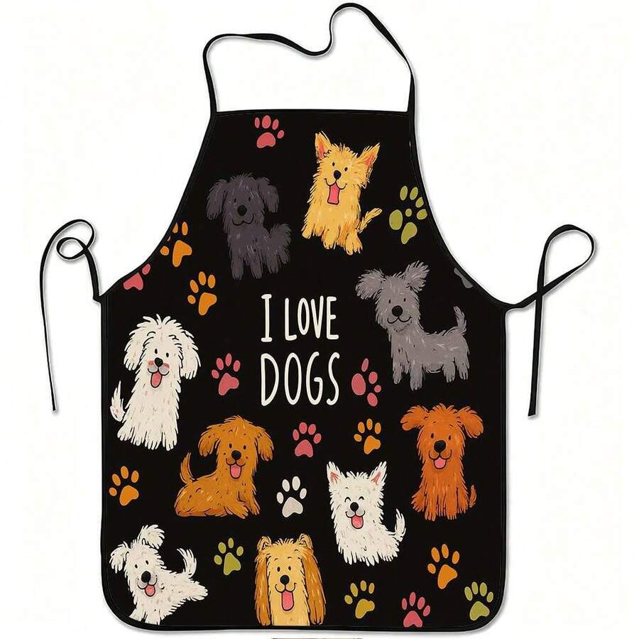 Cute Dog Print Kitchen Apron, Black Polyester Apron With "I Love Dogs" And Paw Print, Suitable For Dog Lovers Cooking Apron, Applicable For Home And BBQ