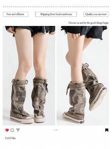 Alan Vincent[Local Delivery][Quick Arrival]Letter Graffiti Canvas Trouser Boots Women's Pleated Boots Niche Party Design  Women's Canvas High Boots - 卡其色 - 查看 6
