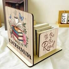 Wooden Bookends Coffee Floral Print Desktop Storage Rack Natural Wood Aesthetic Book Stand Compact Home Book Organizer Gift For Book Lovers - Champagne - View 2