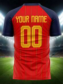 2026 Spanish Style Red Customized Football Jersey, Navy Raglan Sleeves, Vertical Gold Pinstripes, Personalized Name Number Team Logo, Match Football Jersey, Sports Training Jersey, Quick-Dry Material Comfortable Breathable Suitable For Team Matches, Training, Sports, Home Leisure, Game Support, Holiday Gifts, Spring/Summer Season Fashion Forward - Multicolor - View 4