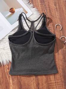 1pc Spring/Summer Backless Camisole, 2-In-1 With Built-In Cup Pad, Mesh Splice Casual Sports Yoga Outdoor Wear Slip Dress - Dark Grey - View 7