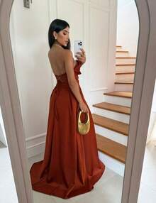 Long, A-Line Draped Strapless Dress With A Defined Waist, Perfect For Formal Occasions And Parties. - Burnt Orange - View 3