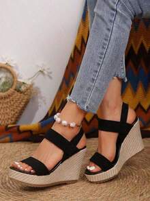 Women's Wedge Heel Platform Sandals, Plus Size, Cross-Border, Espadrille Waterproof Platform, Fashionable Slip-On High Heel Sandals With Chunky Sole - Black - View 1
