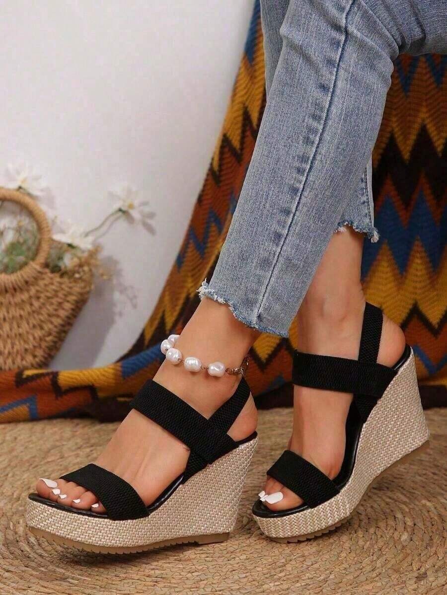 Women's Wedge Heel Platform Sandals, Plus Size, Cross-Border, Espadrille Waterproof Platform, Fashionable Slip-On High Heel Sandals With Chunky Sole - Black - View 1
