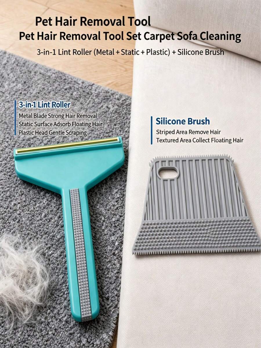Reusable Pet Hair Remover Set, 3-In-1 Lint Cleaner & Silicone Brush, For Cat/Dog Hair, Sofa, Carpet & Clothes, Fabric-, No Damage - View 1