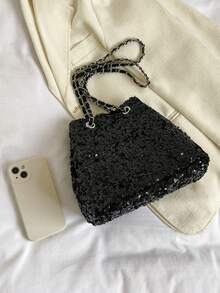 Glossy Chain Decor Tote Bag, Shoulder & Underarm Dual Use, Versatile Party & Date Night Atmosphere Small Bag - Black - View 4