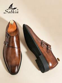 Salkin Mocasines con hebilla vintage para hombre, puntera puntiaguda y sin cordones, zapatos formales elegantes para caballero, adecuados para hombres de mediana edad, jóvenes, estudiantes, vuelta al colegio, ceremonia de graduación, oficina, negocios, fiesta, boda, novio, primavera/verano/otoño, tallas grandes - Marrón - Ver 11