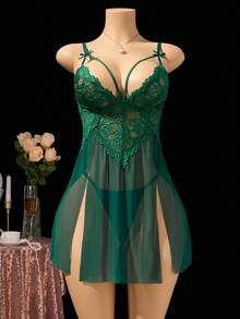 Burgundy Deep V Backless Lace  Dress – Strapless Mesh Slit Sexy Doll Dress + Sheer Thong, Romantic Couple Lingerie Set For Sleepwear - 墨綠色 - 查看 1