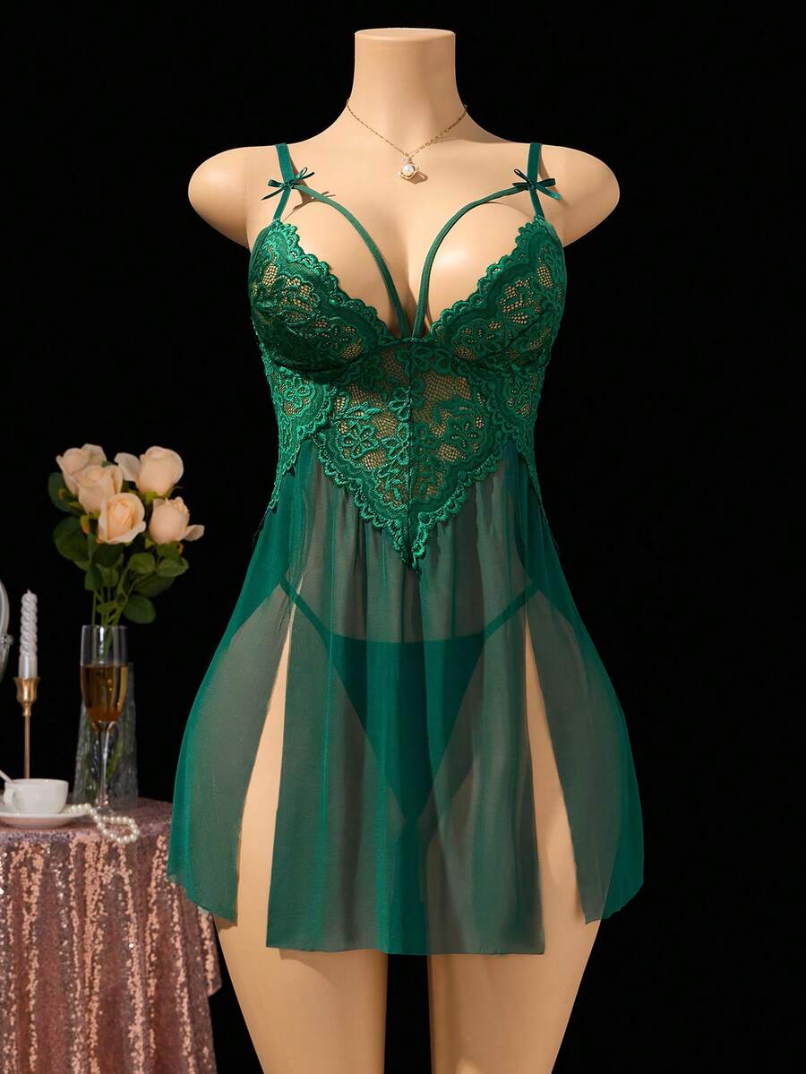 Burgundy Deep V Backless Lace  Dress – Strapless Mesh Slit Sexy Doll Dress + Sheer Thong, Romantic Couple Lingerie Set For Sleepwear - 墨綠色 - 查看 1